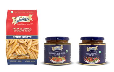 Gustora Combo Pack of Penne Pasta 500g, Arrabbiata & Tomato Basil Sauce 200g Each I Italian 100% Durum Wheat Pasta & Sauce Combo I Non-GMO I Gluten Free