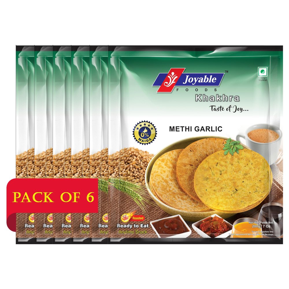 Joyable Khakhra - Methi Garlic| Dry Chapati | Khakra Fresh Gujarati Namkeen Snacks | Ready To Eat - Roasted - Khakhra Snacks| Vacuum Packed - Pack of 6 (Methi Garlic - 200 Gms Each)