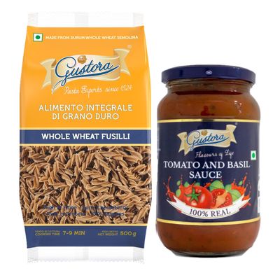 Gustora Combo Pack of Whole Wheat Fusilli Pasta 500g & Tomato Basil Sauce 400g I Rich in Protein & Fibre I Vegetarian I Zero cholesterol I No Trans-fat I No added Colour or Presevatives - 900G