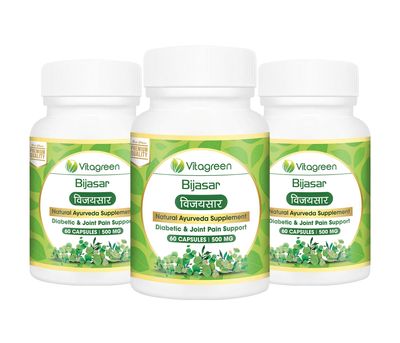 BIJASAR 500 mg, Pack Of 3 (180 Capsules) For Diarrhea & Dysentary, 100% Natural, Ayurveda Herb, Health, Dietary, Herbal, Nutrition Supplements