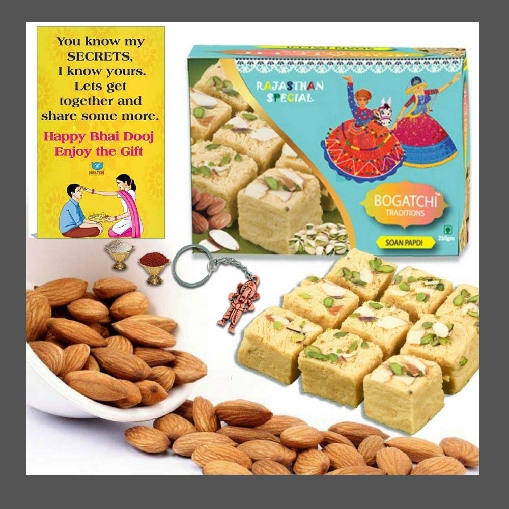 BOGATCHI Bhai Dooj Gift Cultural Soan Papdi, 250g, with Natural California Almonds , 100g + Free Bhai Dooj Greeting Card + Roli Chawal + Ganesha Key Chain
