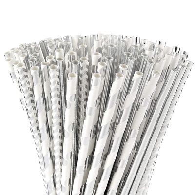 ALINK Biodegradable Silver Paper Straws Bulk, Pack of 100 Metallic Foil Striped/Wave/Dots Straws for Birthday, Wedding, Bridal/Baby Shower, Celebrations and Party Supplies: Silver