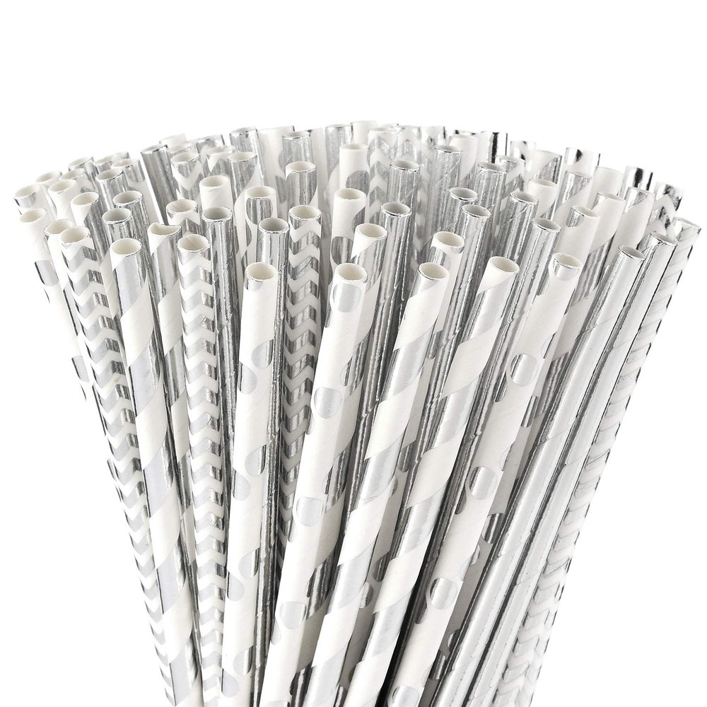 ALINK Biodegradable Silver Paper Straws Bulk, Pack of 100 Metallic Foil Striped/Wave/Dots Straws for Birthday, Wedding, Bridal/Baby Shower, Celebrations and Party Supplies: Silver