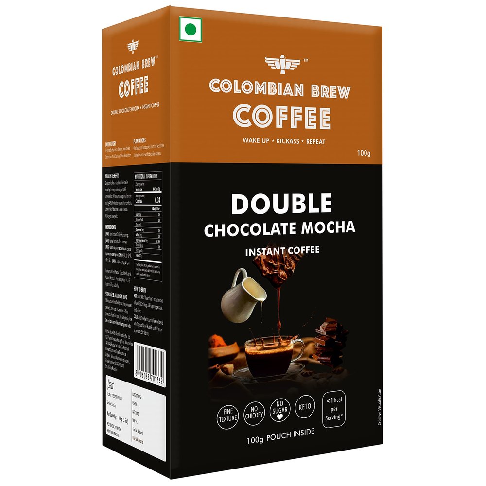 Colombian Brew Double Chocolate Mocha Instant Coffee Powder, No Sugar Vegan, 100g Box