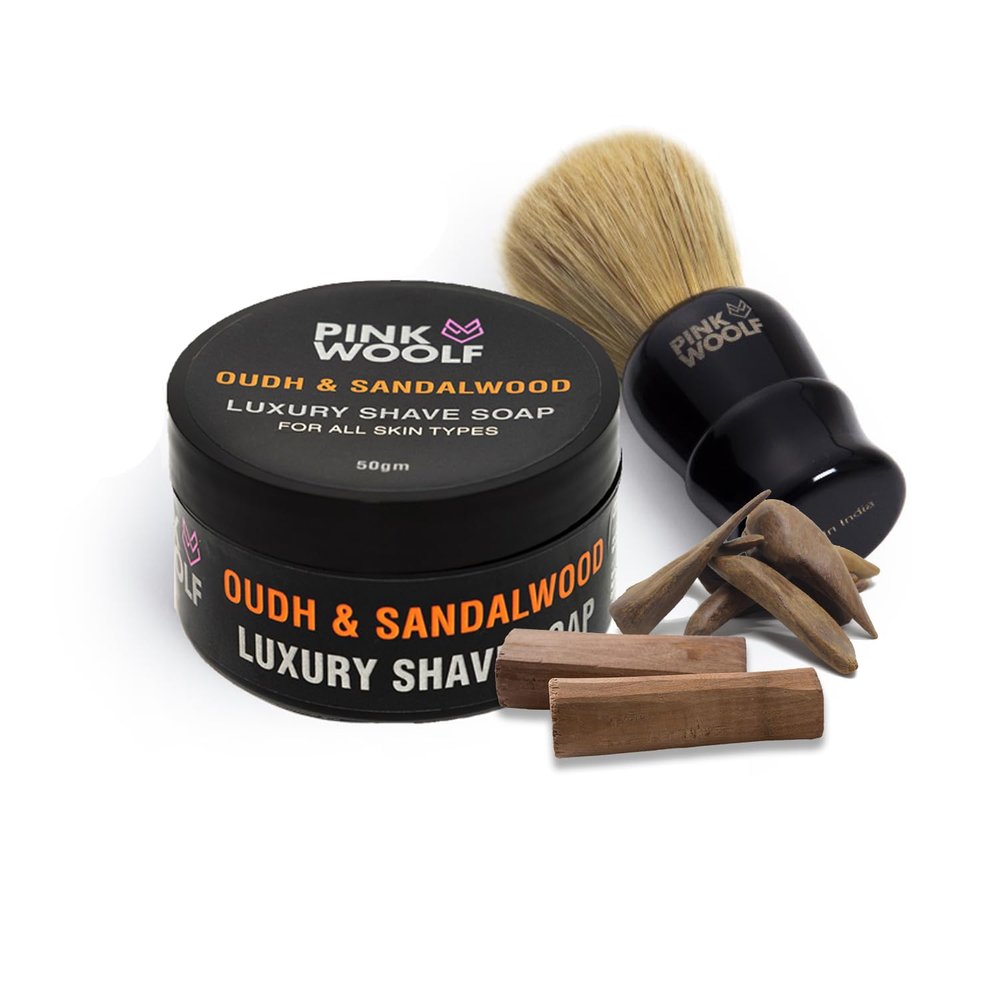 Pink Woolf 2 Pieces set Shaving Brush & OUDH & SANDALWOOD Shaving Soap | Travel-Friendly Grooming Kit for Men | Creates Dense Lather for a Smooth Shave | Suitable for All Skin Types | Premium Gift Set