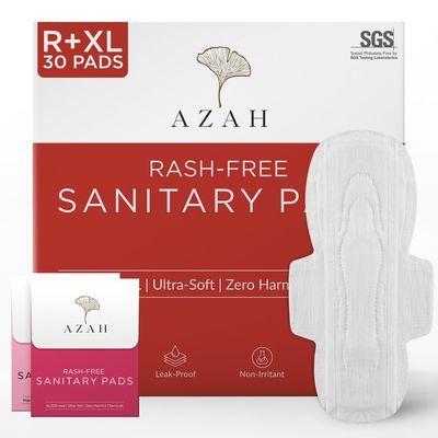 AZAH Sanitary Pads for Women (20 Reg + 10 XL) [Pack of 30] 100% Rash-Free sanitary napkins | 3x More Absorption, Cottony Soft and Dry Top Cover for heavy Flow | Leak-Proof | With Disposable Bag