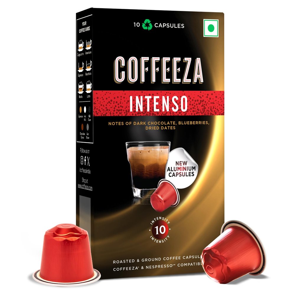 Coffeeza Intenso Aluminium Coffee Capsules, Intensity - 10, Nespresso Compatible Coffee Pods | Box of 1 (10 Capsules) | Brew Cold/Hot