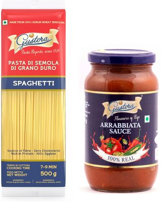 Gustora Combo Pack of Spaghetti Pasta 500g & Arrabbiata Sauce 400g I Rich in protein & fibre Pasta with Zero cholesterol l Pasta Sauce Made with Fresh Tomatoes, Garlic, Basil & Black Peppers