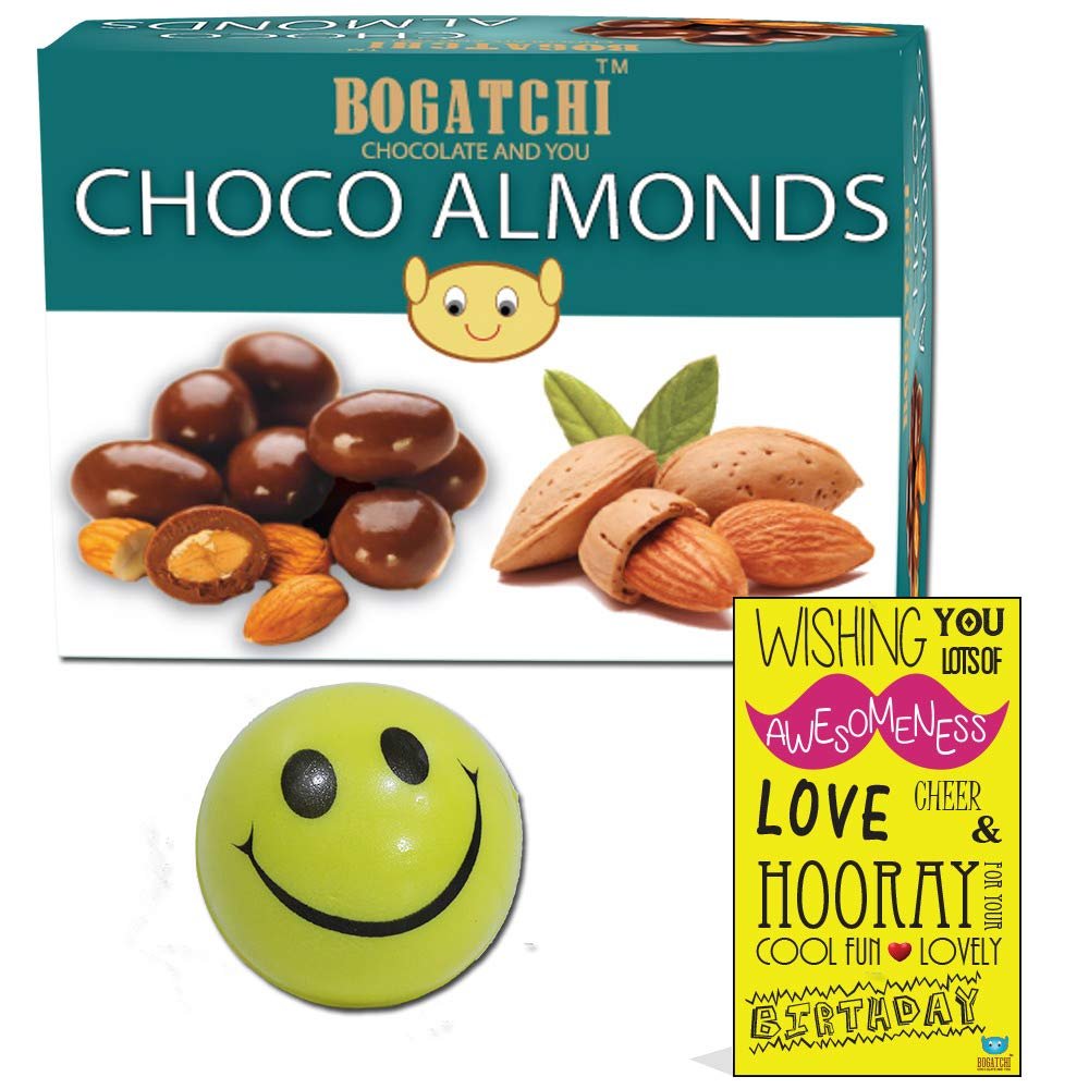 BOGATCHI Happy Birthday Rich Dry Fruit Collection Gift , Chocolate Coated Almonds, 100g + Free Birthday Greeting Card + Free Smiley Ball
