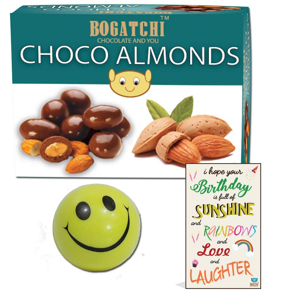 BOGATCHI Happy Birthday Rich Dry Fruit Collection Gift , Chocolate Coated Almonds, 200g + Free Birthday Greeting Card + Free Smiley Ball