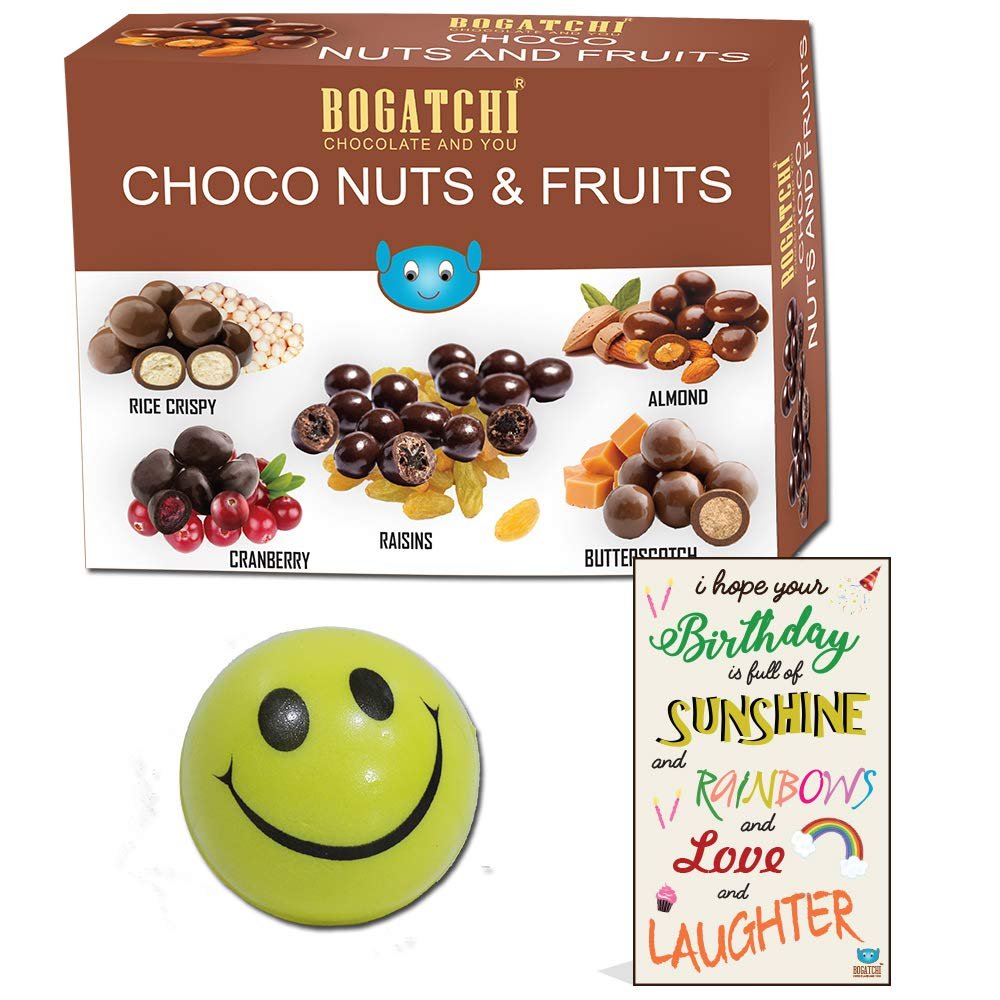 BOGATCHI Happy Birthday Rich Dry Fruit Collection Gift , Chocolate Coated Assorted Nuts and Fruits, 200g + Free Birthday Greeting Card + Free Smiley Ball