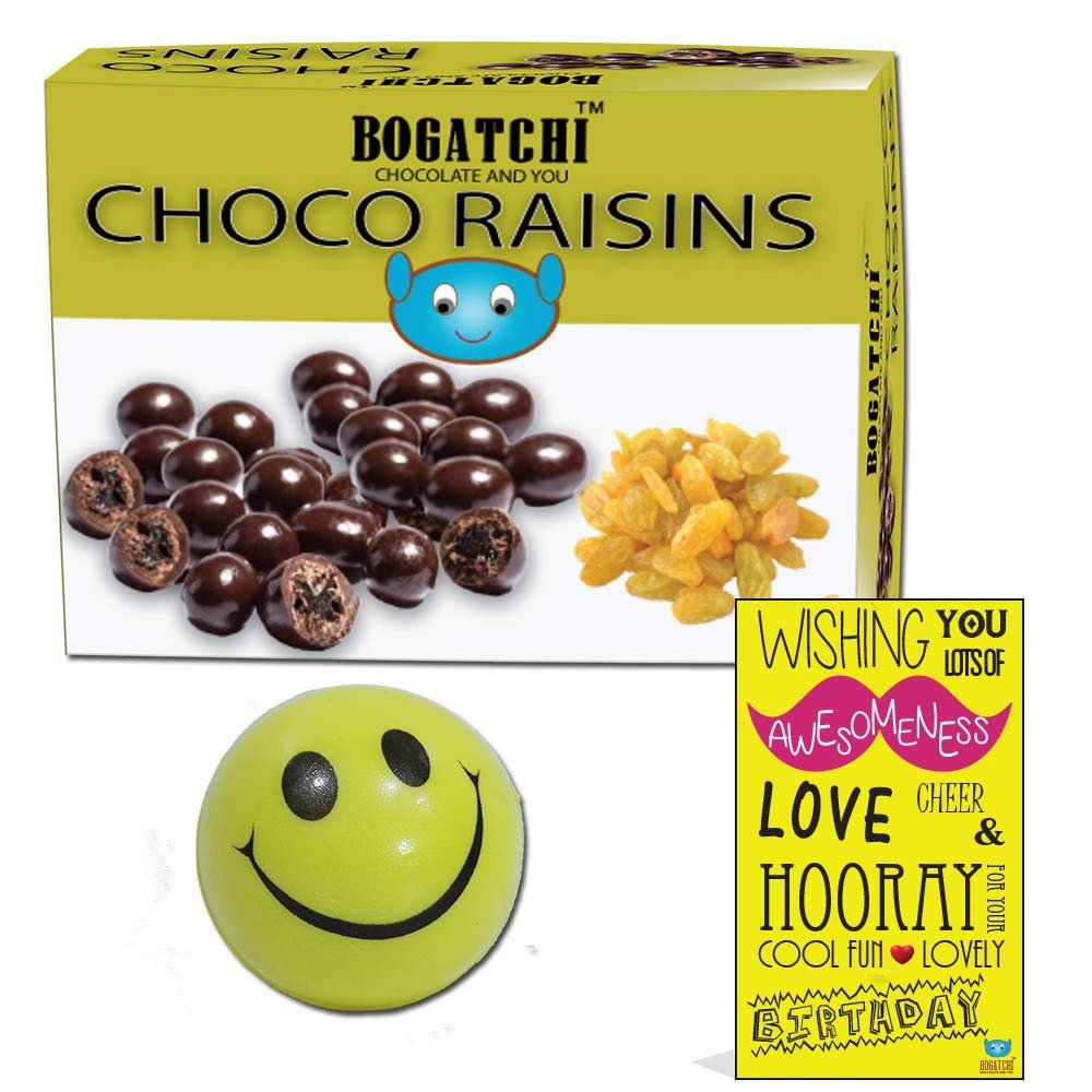 BOGATCHI Happy Birthday Rich Dry Fruit Collection Gift , Chocolate Coated Raisins, 100g + Free Birthday Greeting Card + Free Smiley Ball