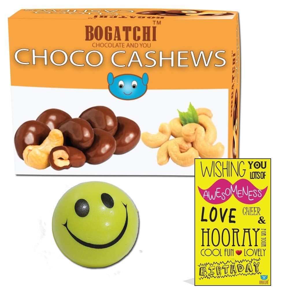 BOGATCHI Happy Birthday Rich Dry Fruit Collection Gift , Chocolate Coated Cashews, 100g + Free Birthday Greeting Card + Free Smiley Ball