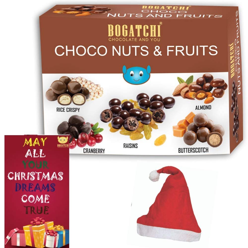 BOGATCHI Chocolate Coated Assorted Nuts and Fruits, Chirstmas Rich Dry Fruit Collection Gift, 100g + Free X-mas Gift + Free Chirstmas Greeting Card