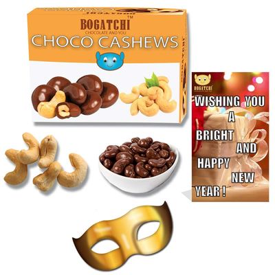 BOGATCHI New Year Special Rich Dry Fruit Collection Gift , Chocolate Coated Cashews, 200g + Free Happy New Year Card+ Party Mask