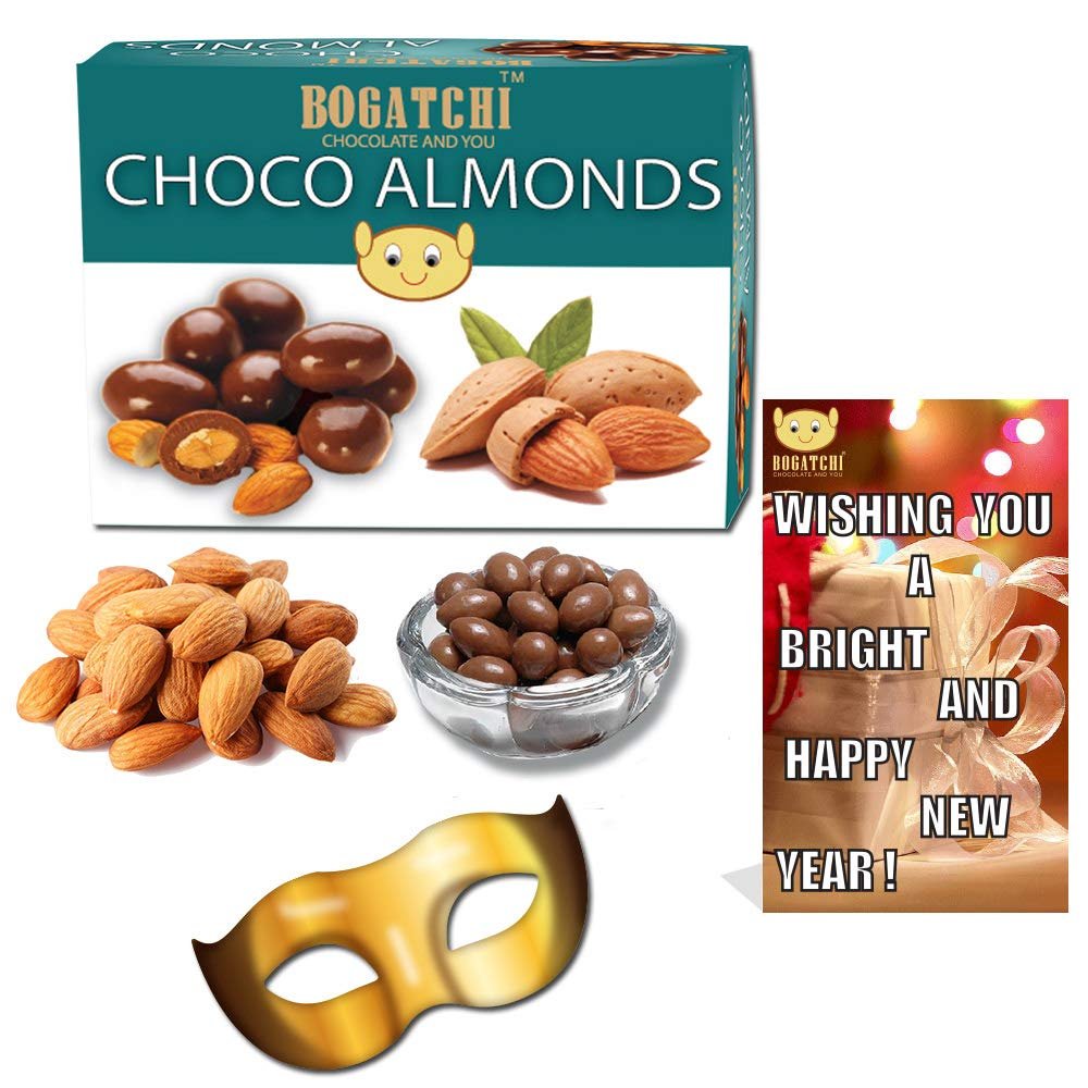BOGATCHI New Year Special Rich Dry Fruit Collection Gift , Chocolate Coated Almonds, 200g + Free New Year Greeting Card+ Party Mask