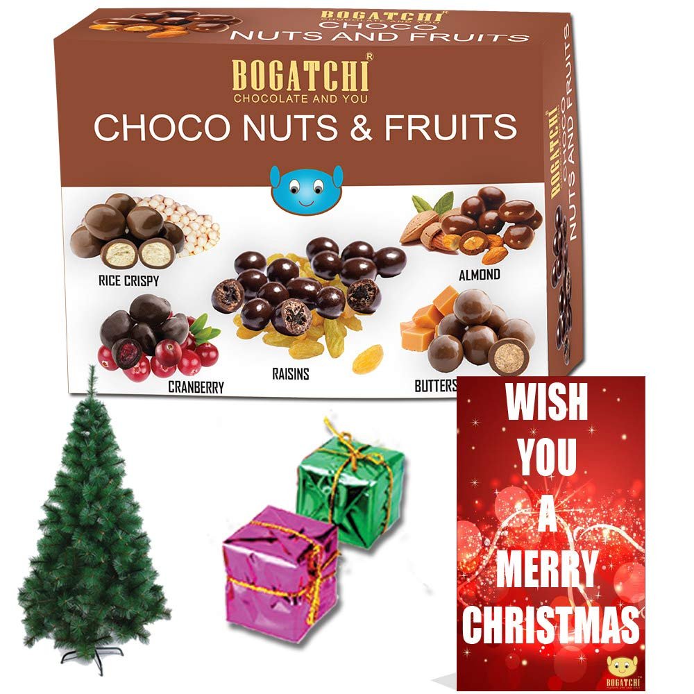 BOGATCHI Chocolate Coated Assorted Nuts and Fruits, Chirstmas Rich Dry Fruit Collection Gift, 200g + Free X-mas Gift + Free Chirstmas Greeting Card