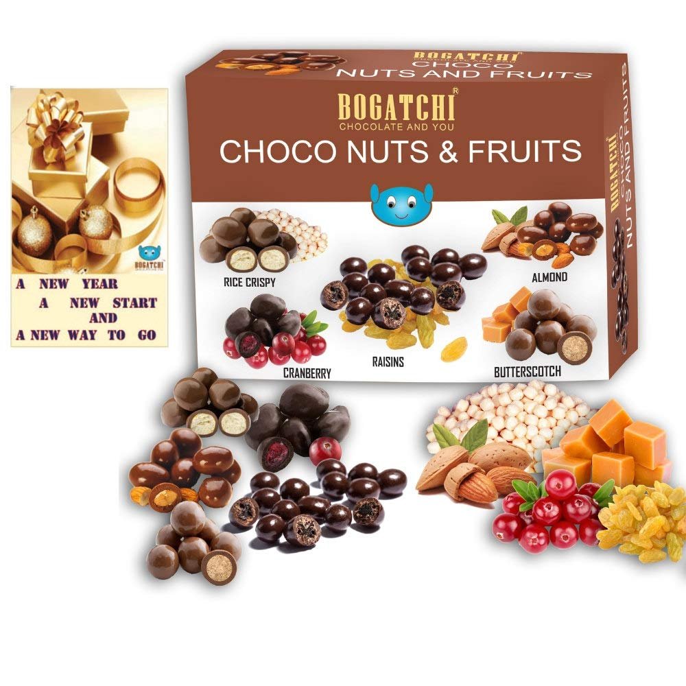 BOGATCHI Chocolate Coated Assorted Nuts and Fruits, New Year Special Rich Dry Fruit Collection Gift , 100g + Free Happy New Year Card