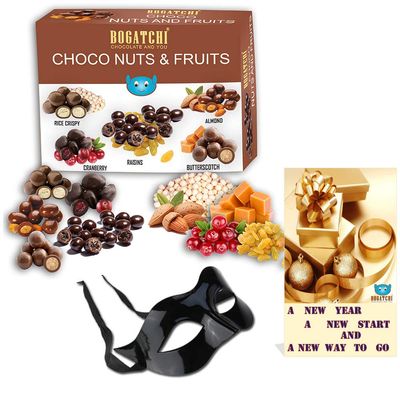 BOGATCHI New Year Special Rich Dry Fruit Collection Gift , Chocolate Coated Assorted Nuts and Fruits, 200g + Free Happy New Year Card+ Party Mask