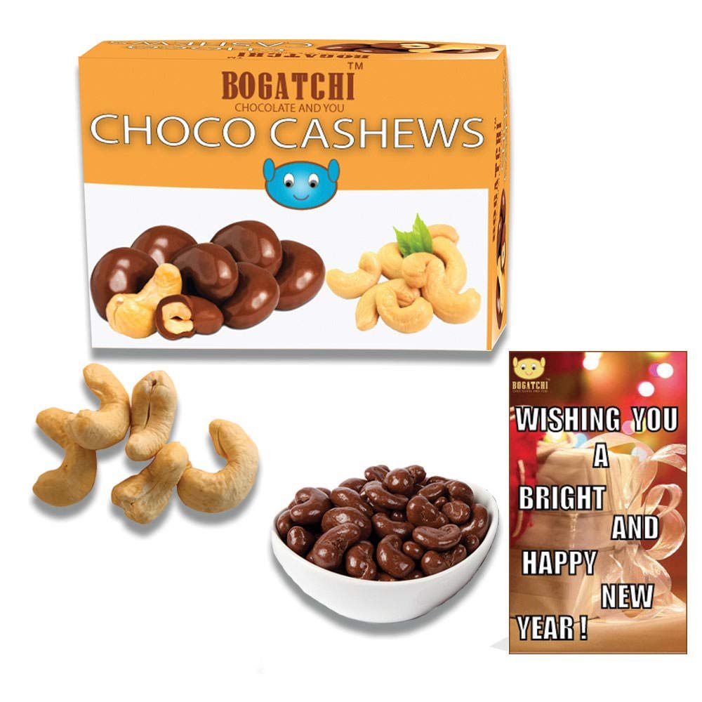 BOGATCHI Chocolate Coated Cashews, New Year Special Rich Dry Fruit Collection Gift , 100g + Free Happy New Year Card
