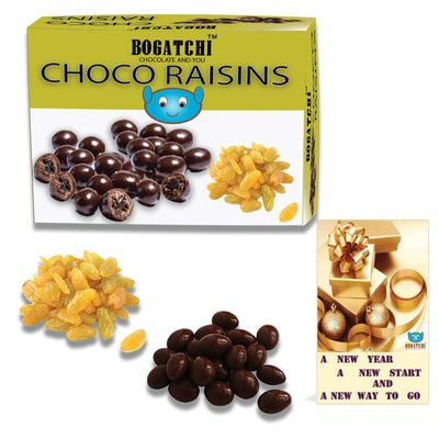 BOGATCHI New Year Special Rich Dry Fruit Collection Gift , Chocolate Coated Raisins, 100g + Free Happy New Year Card