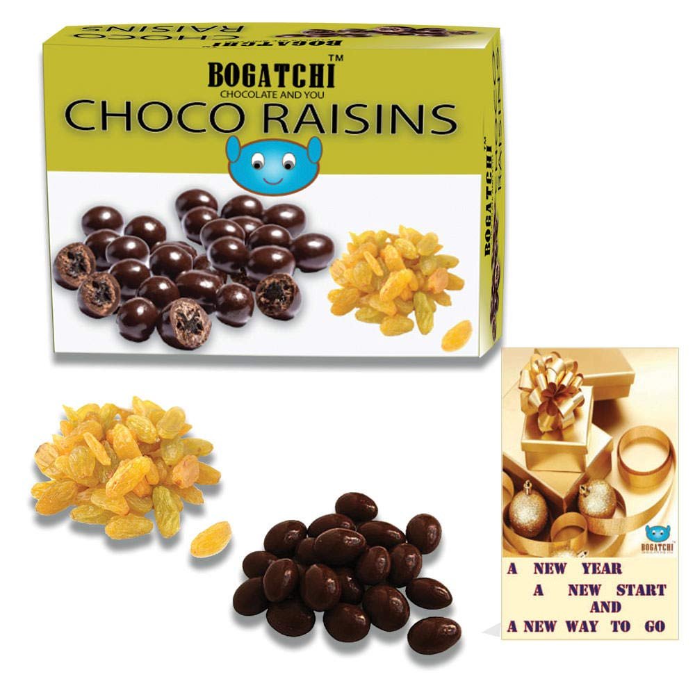 BOGATCHI New Year Special Rich Dry Fruit Collection Gift , Chocolate Coated Raisins, 100g + Free Happy New Year Card