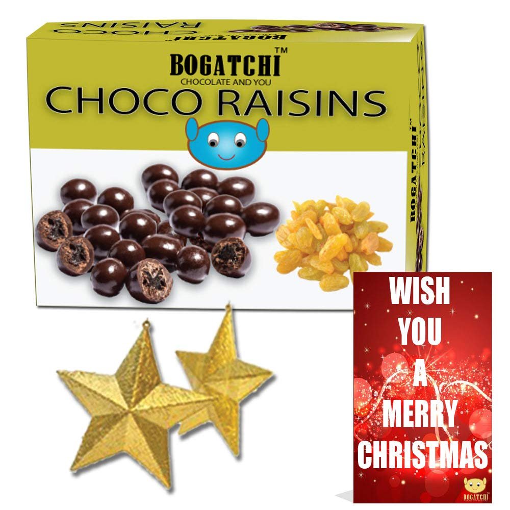 BOGATCHI Chocolate Coated Raisins, Chirstmas Rich Dry Fruit Collection Gift, 100g + Free Chirstmas Greeting Card + Free Xmas Gift
