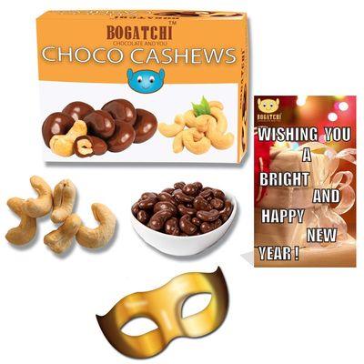 BOGATCHI Chocolate Coated Cashews, New Year Special Rich Dry Fruit Collection Gift , 200g + Free New Year Greeting Card+ Party Mask