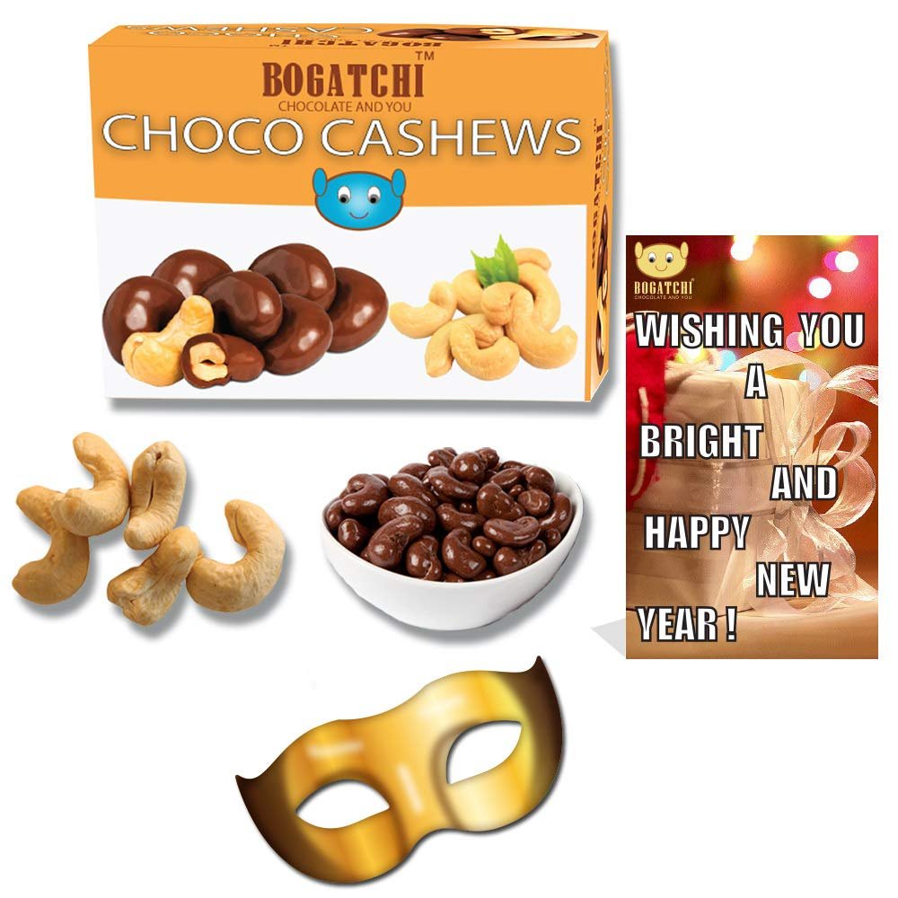 BOGATCHI Chocolate Coated Cashews, New Year Special Rich Dry Fruit Collection Gift , 200g + Free New Year Greeting Card+ Party Mask