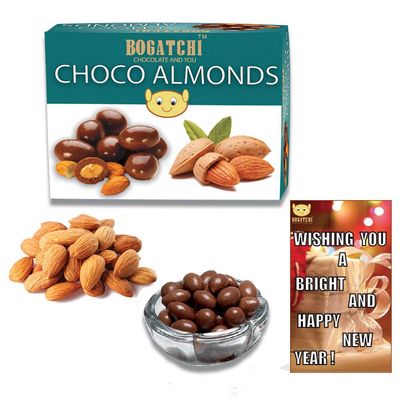 BOGATCHI New Year Special Rich Dry Fruit Collection Gift , Chocolate Coated Almonds, 100g + Free New Year Greeting Card
