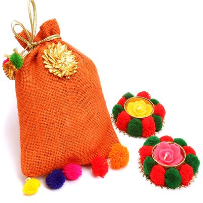 Ghasitaram Gifts Diwali Gifts Sweets Sugarfree Figs and Dates Bites Jute Pouch with 2 T-Lites|Sugar Free Sweets|Diabetic Friendly|Diwali Sugar Free Sweets Box