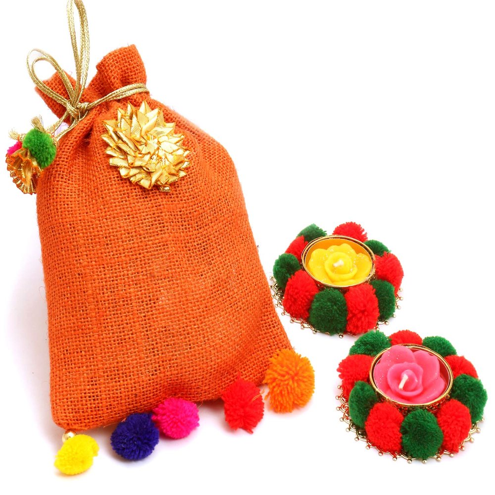 Ghasitaram Gifts Diwali Gifts Sweets Sugarfree Figs and Dates Bites Jute Pouch with 2 T-Lites|Sugar Free Sweets|Diabetic Friendly|Diwali Sugar Free Sweets Box