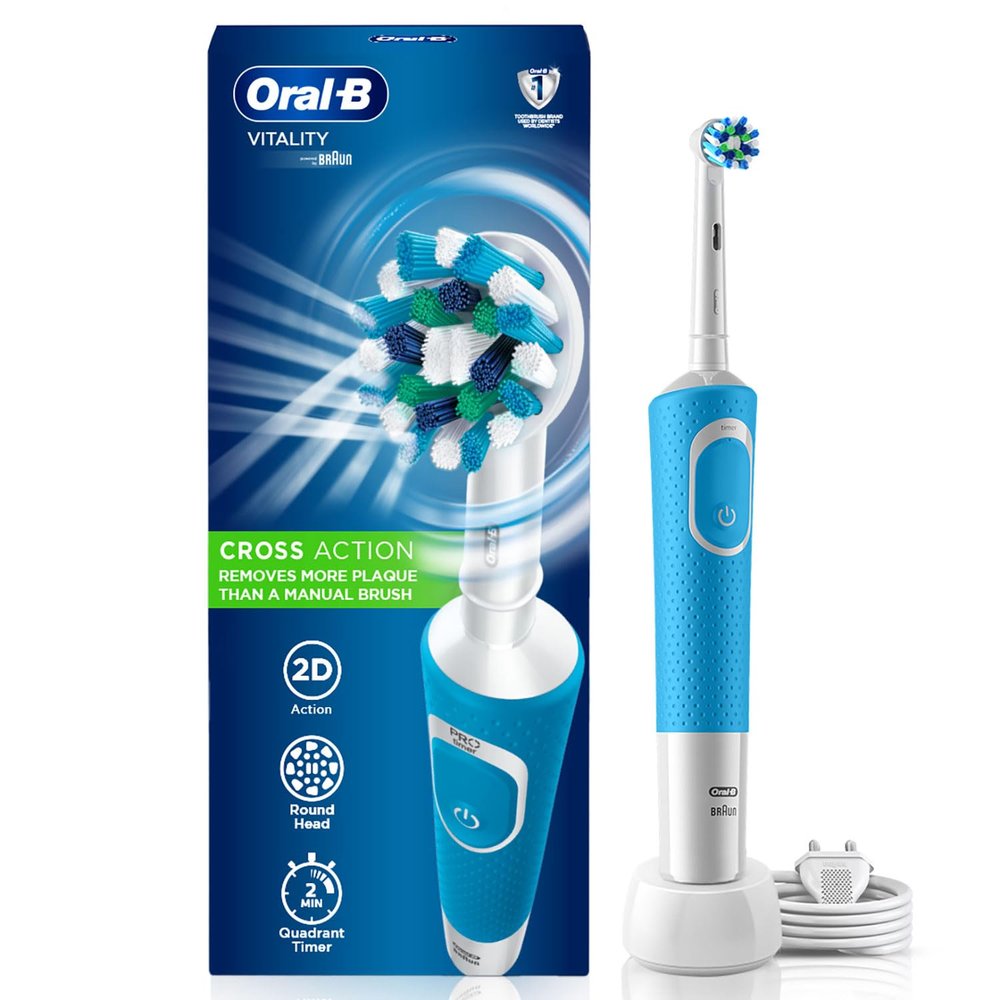 Oral-B Vitality Rechargeable Rotating Electric Toothbrush for Adults,2 Brushing Modes (Daily & Sensitive),2 Min Timer with Quadpacer,2 Year Warranty by,IPX7 Water Resistant,Round Brush Head (Blue,1)