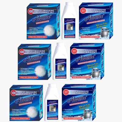 ATOMIC Dishwasher Starter [Combo Pack OF 3]- Dishwasher Detergent 3 X 900 GM, Salt 3 X 900 GM, Atomic Rinse Aid for Dishwasher Liquid - 3 X 400ml