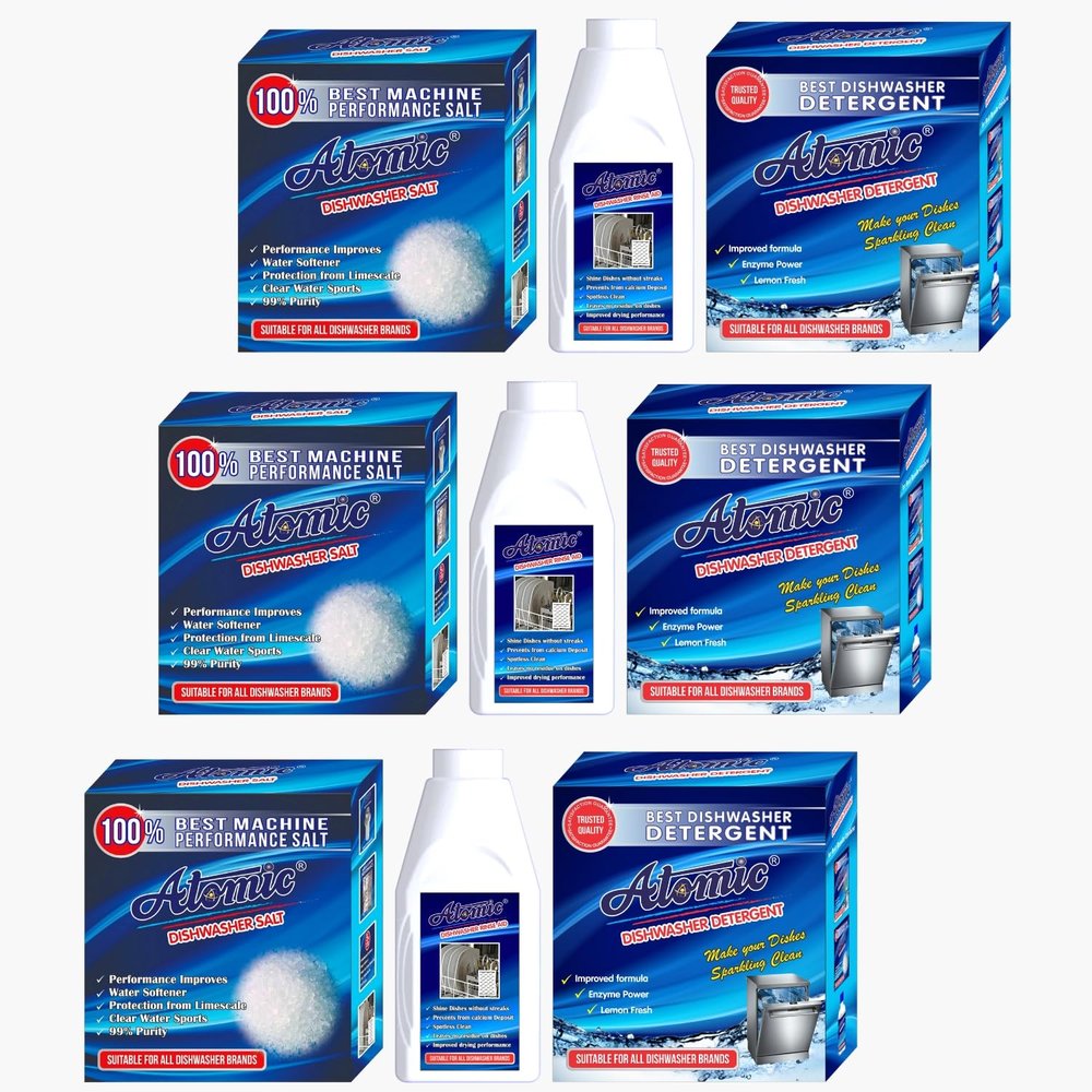 ATOMIC Dishwasher Starter [Combo Pack OF 3]- Dishwasher Detergent 3 X 900 GM, Salt 3 X 900 GM, Atomic Rinse Aid for Dishwasher Liquid - 3 X 400ml
