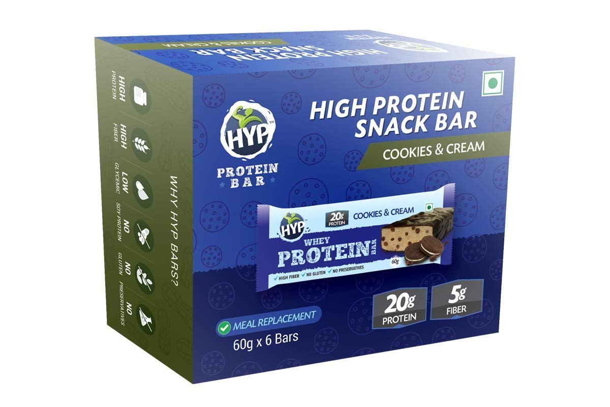 HYP - Whey Protein Bar, Cookies and Cream (6x60g) | 20g Protein per bar | Gluten Free Protein Bars | High Protein Bars | Healthy Protein Snack for Kids and Adults