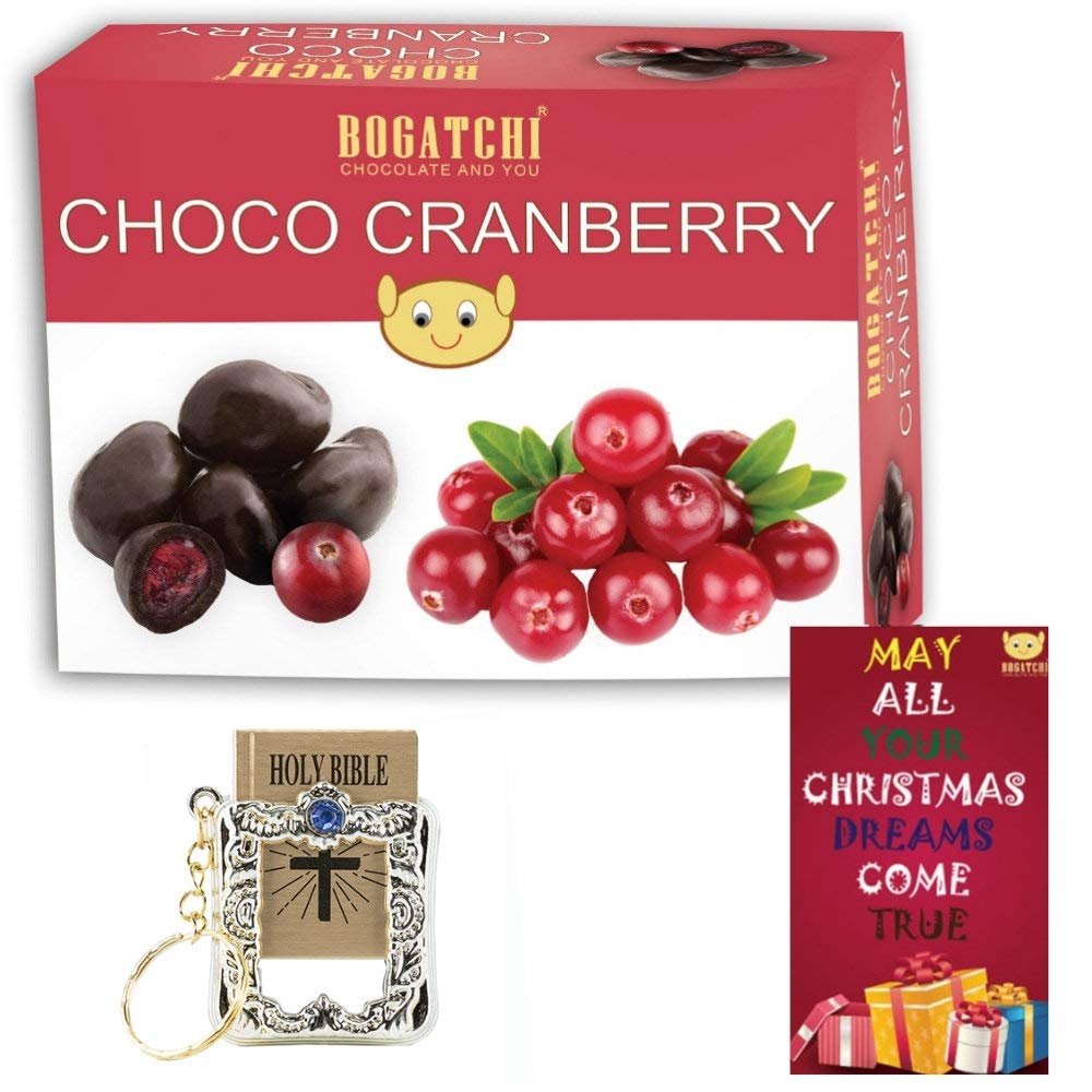 BOGATCHI Christmas Gifts Chocolate Coated Cranberry, 100g + Free Chirstmas Greeting Card + Free Holy Bible Key Chain
