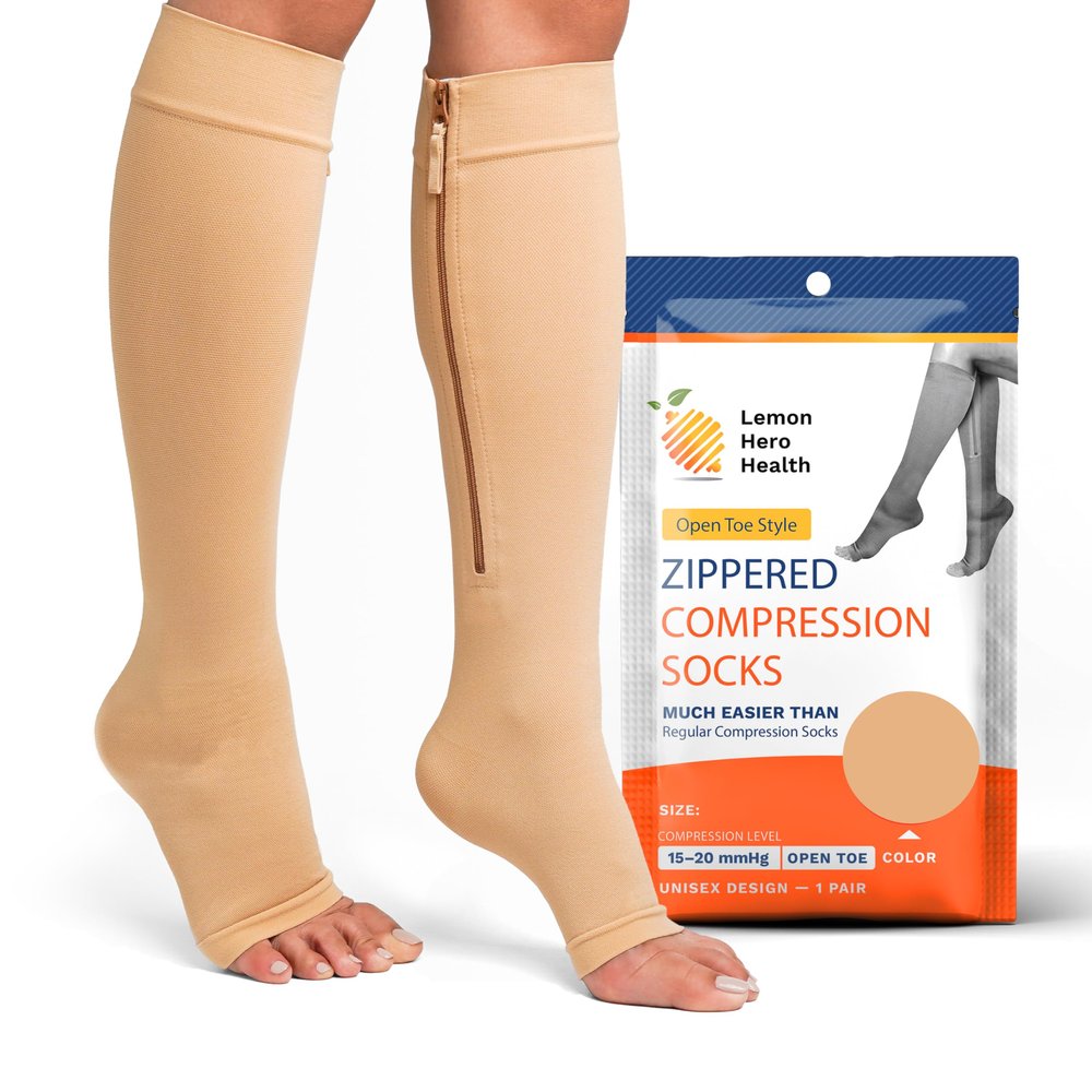 Lemon Hero Medical Compression Socks - Open Toe 15-20 mmHg Zipper Compression Stockings for Men and Women  Lightweight compression socks for Pregnant Women & Nurses  Large, Beige [1 Pair]