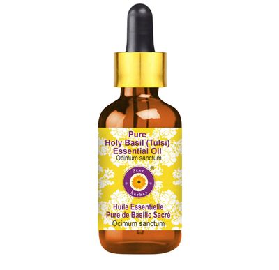 Deve Herbes Holy Basil (Tulsi) Essential Oil (Ocimum sanctum) with Glass Dropper Pure | Non-Sticky | Non-greasy | Lightweight | Men & Women | All Skin Types | Steam Distilled 10ml