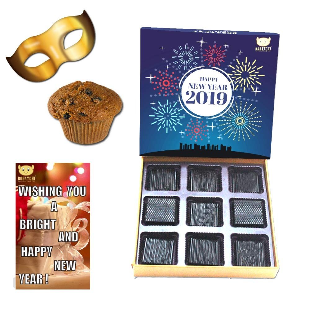 BOGATCHI Happy New Year 2019 Gift Hamper Combo,9pcs + Plum Cake, 1 pcs + Happy New Year Card + Free New Year Party Mask