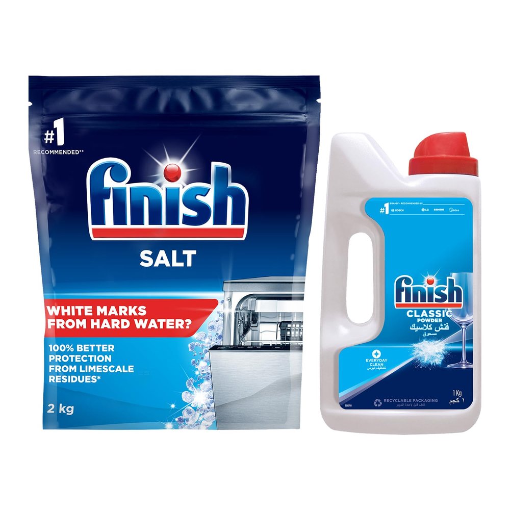 Finish Dishwasher Salt - 2Kg and Classic Dishwasher Detergent Powder- 1Kg | World's #1 Recommended Dishwashing Brand