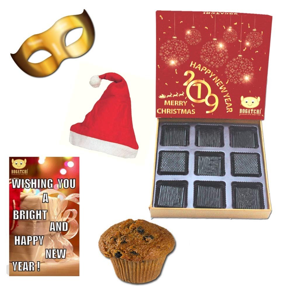 BOGATCHI Happy New Year 2019 and Merry Christmas Gift Hamper Combo,12pcs + Plum Cake, 1 pcs + Happy New Year Card + Free New Year Party Mask + FREESanta Cap