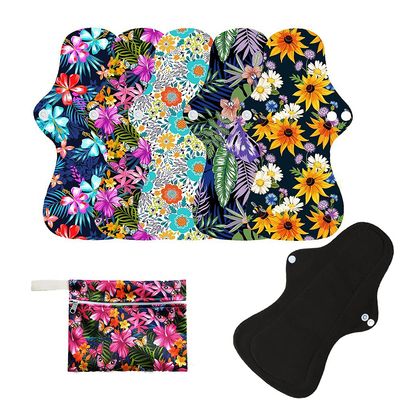6Pcs Resuable Waterproof Menstrual Pad Sets Including 1Pc Mini Wet Bag and 5Pcs Regular Flow Menstrual Pads Mama Cloth Sanitary Napkins (Set 3, Heavy Flow Bamboo Charcoal)