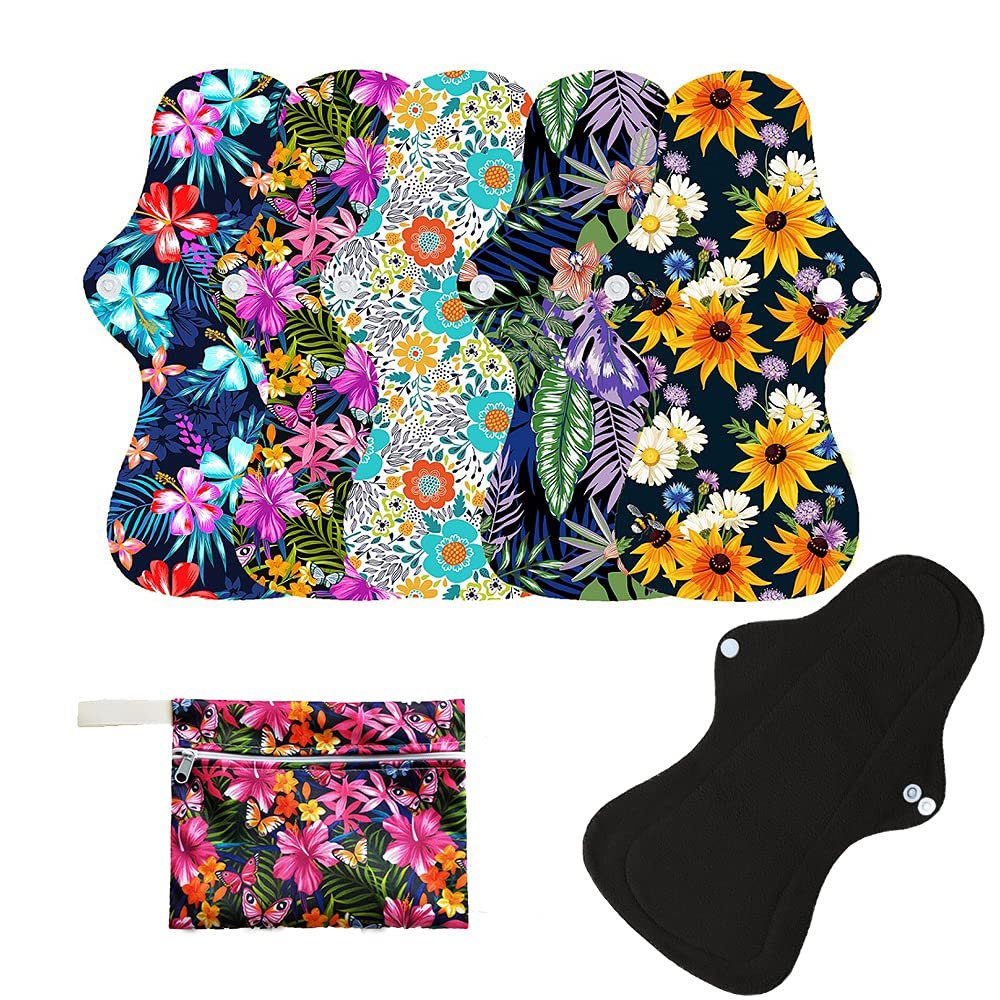 6Pcs Resuable Waterproof Menstrual Pad Sets Including 1Pc Mini Wet Bag and 5Pcs Regular Flow Menstrual Pads Mama Cloth Sanitary Napkins (Set 3, Heavy Flow Bamboo Charcoal)