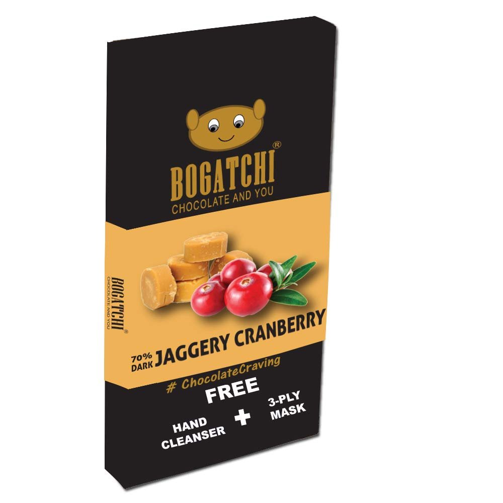 BOGATCHI 70% Dark Jaggery Chocolate | Cranberry | Sugar Free| NO Sugar Intense Dark Chocolate, 80 gm