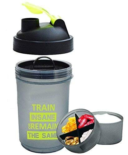 ALLIED SALES INDIA Train Plastic Insane Gym Shaker with Protein Compartment; 600 ml; Black.