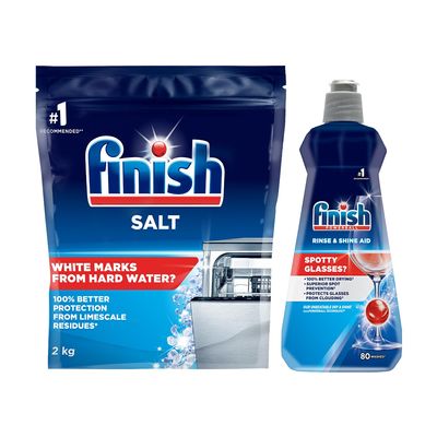 Finish Dishwasher Salt Powder 2Kg and Dishwasher Rinse Aid Liquid, Shine & Dry - 400ml | World's #1 Recommended Dishwashing Brand