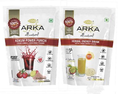 Arka All Natural Kokum Drink & Herbal Energy Drink Combo Pack | Tangy Kokum Traditional Beverage & Fennel Herbal Drink Mix | No Preservatives, Caffeine Free | 230 g Each (Pack of 2)