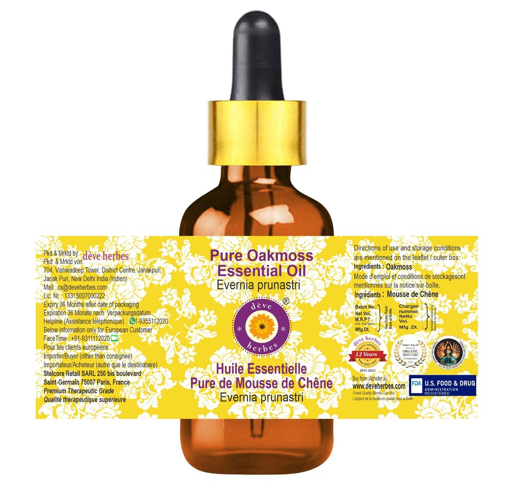 Deve Herbes Oakmoss Essential Oil (Evernia prunastri) with Glass Dropper Pure | Viscous Texture | Rich Aroma | Unisex | All Skin Types |Natural Extract Steam Distilled 10ml