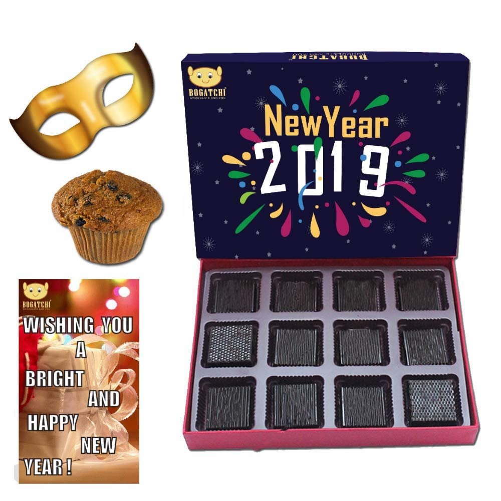 BOGATCHI Happy New Year 2019 Gift Hamper Combo,12pcs + Plum Cake, 1 pcs + Happy New Year Card + Free New Year Party Mask